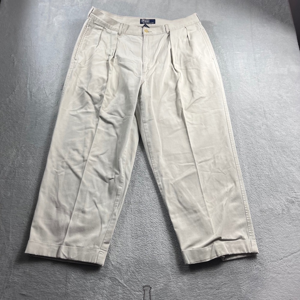 Polo Ralph Lauren Andrew Pant Mens 35x23 Tan Khaki Pleated Cuffed Cotton Chinos